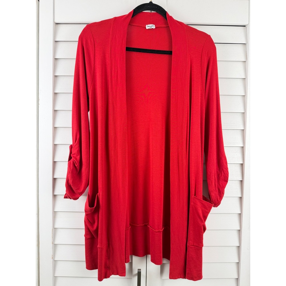Splendid Cardigan Women L Red Open Front Roll Tab Pima Cotton Modal Ribbed